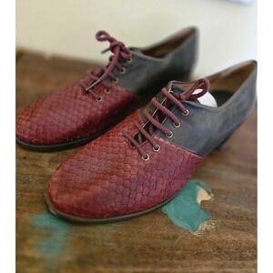 KMB Spain Womens 40 Burgundy Scale Blue Leather Lace Up Block Heel Shoes